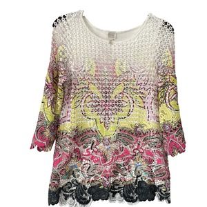 Curio Colorful Floral Lace Top 3/4 Sleeve Blouse Womens Tunic Size M